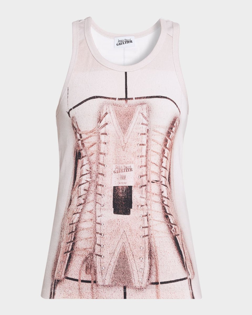 Trompe Loeil Corset Printed Rib Tank Top